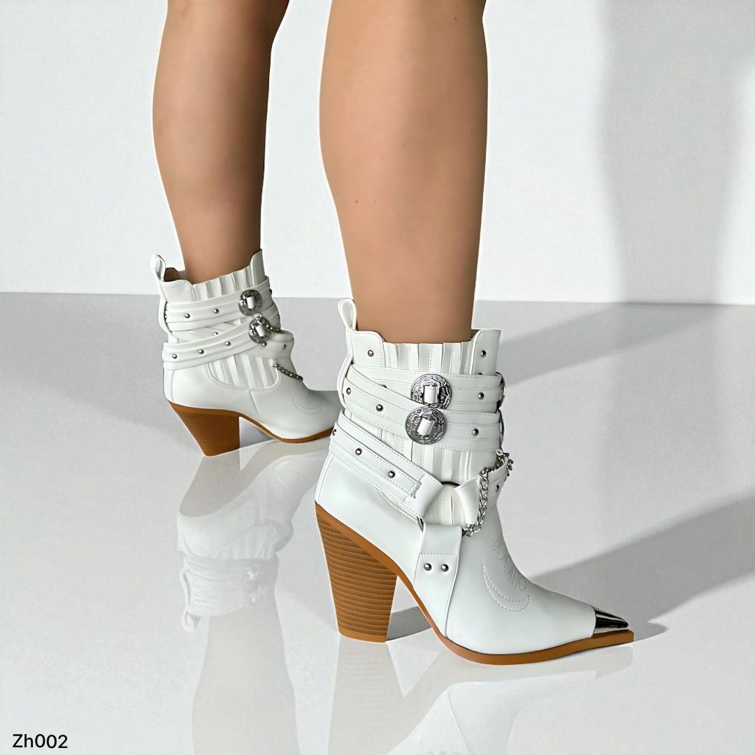 Botin texano blanco correas y cadena plateado tacon 10cm HX3088-C1080